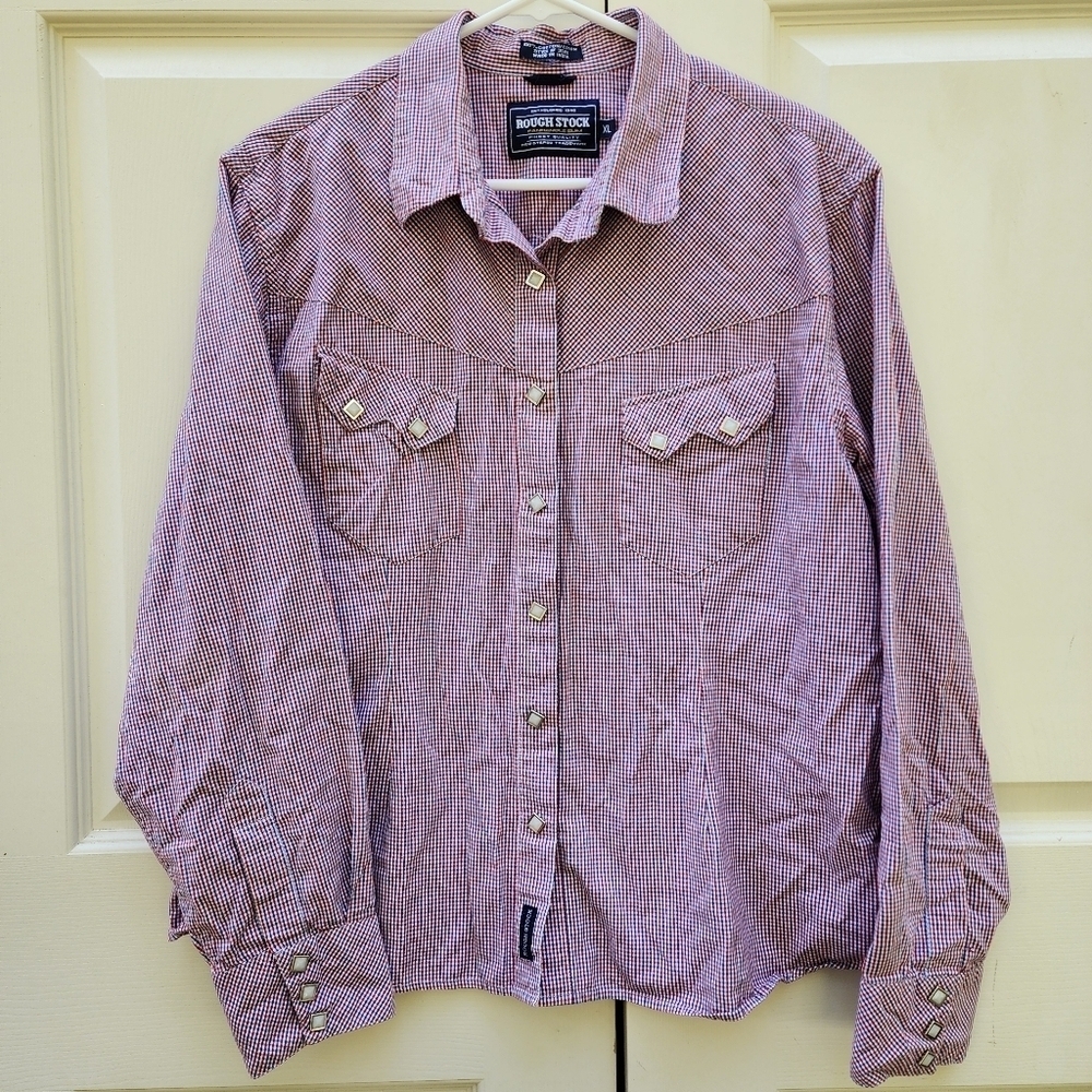 Rough Stock Western Shirt XL Red Blue Plaid Pearlized Snaps USA Patriotic EUC